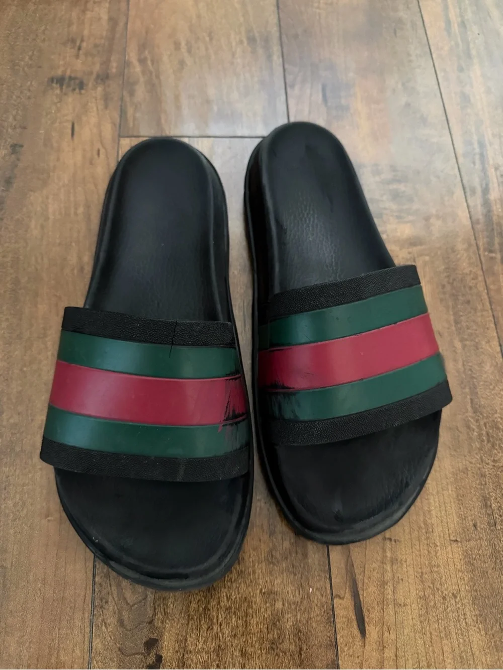 Authentic Gucci Black Slides with Green and Red Stripes